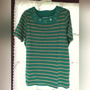 Quacker Factory Gold Stripe Scoop Neck Top w/ Gold Grommet Detail NWOT